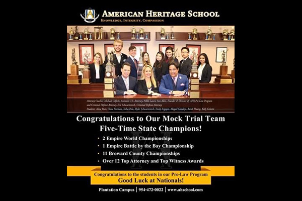 Photo of Eric T. Schwartzreich with American Heritage School mock trial state champions